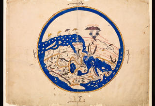 A piece of artwork that depicts a circle in the center. The "book of pleasant journeys into faraway lands," or "Book of Roger," Tabula Rogeriana. 16th-century (1553 AD) manuscript of al-Idrisi's description of the world composed in 1152. This manuscript contains the complete text of al-Idrisi's medieval Arabic geography, describing the known world from the equator to the latitude of the Baltic Sea, and from the Atlantic to Siberia.