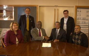 former Senior Vice President Robert Jones and ICGC Director Karen Brown, pictured here with UWC colleagues Rector Brian O’Connell; Deputy Vice Chancellor Academic Ramesh Bharuthram; Dean, Faculty of Arts Duncan Brown; and Deputy Dean, Faculty of Arts, and Former Director (and ICGC alumnus), Centre for Humanities Research Premesh Lalu.